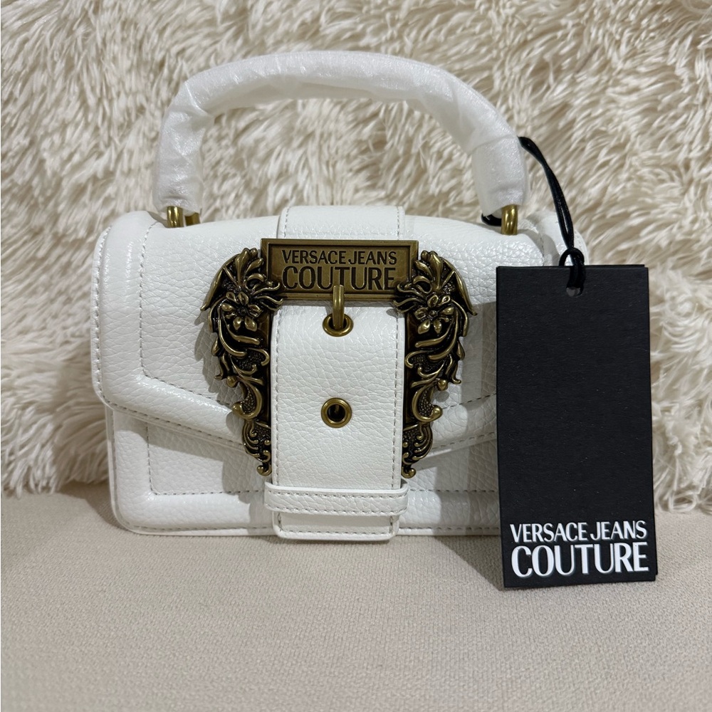 Versace Jeans Collection Baroque Buckle Mini Handbag in White
